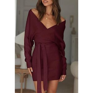 NEW Batwing Sleeve Wrap Knit Backless Pullover Sweater Dress L NO BELT